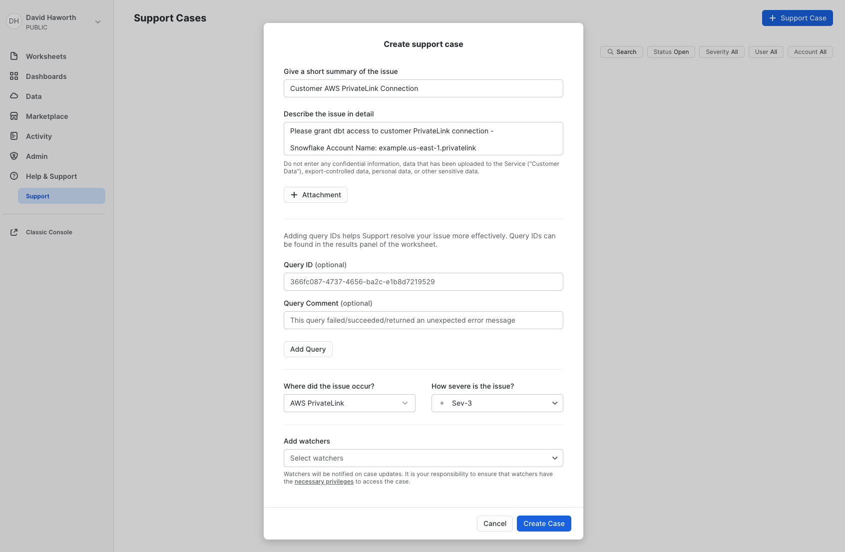 Open snowflake case Open snowflake case